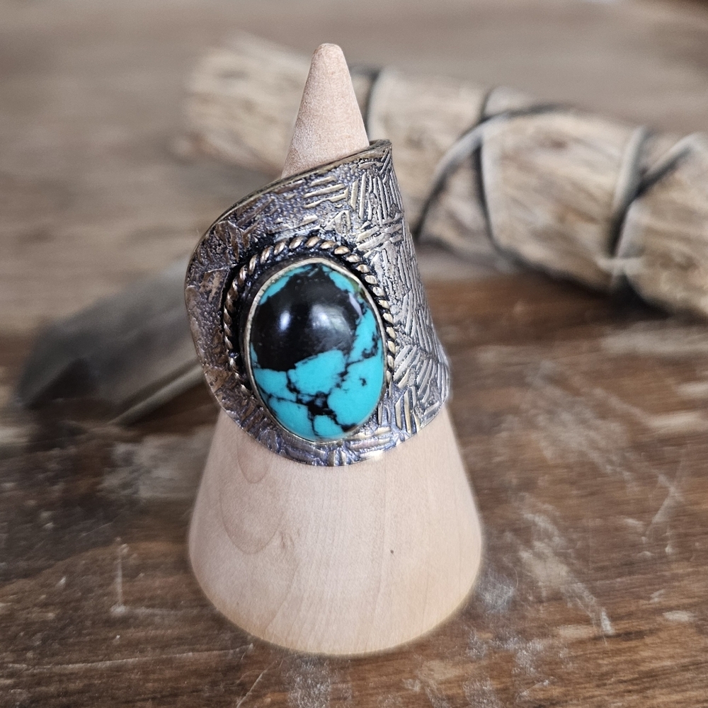 sterling silver 925 turquoise stone boho indie hippie hammered etched wrap ring